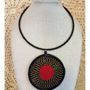 Handmade Beaded Medallion Choker Necklace Leather Backed Red Gold Black Spiral